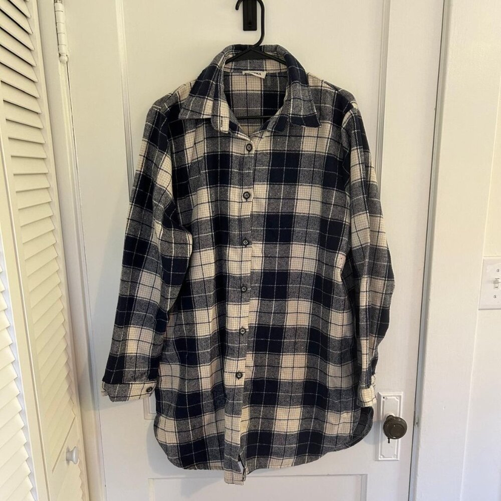Adora Flannel Maternity Shacket in Navy and Wheat, 1X